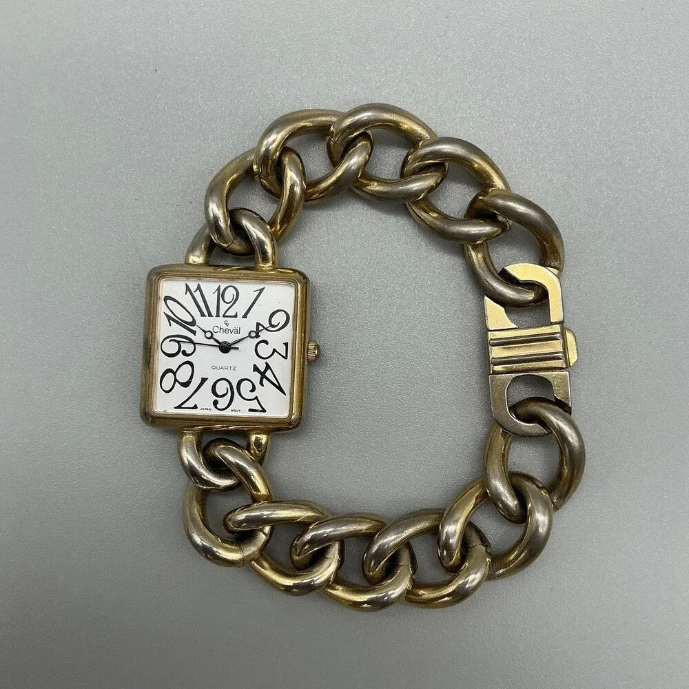 Vintage Cheval Womens Watch 27mm Square Chain Band Hong Kong New Battery 8.25